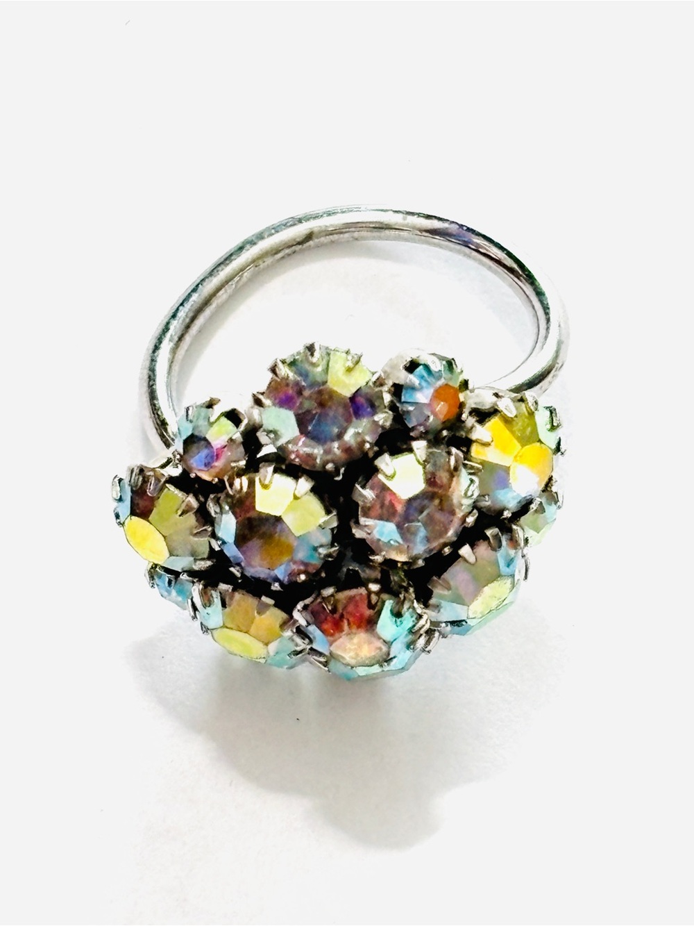 Sarah Coventry Vintage 1950s AB Crystal Cluster Silver Tone Ring Sz 6